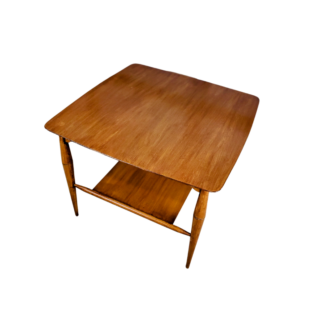 American Mid-Century Two-Tier Walnut Side Table with Brass Ring Detail, c. 1955–1965