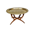 Antique Moorish Hand-Engraved Brass Tray Table on Carved Folding Stand, c. 1900–1940