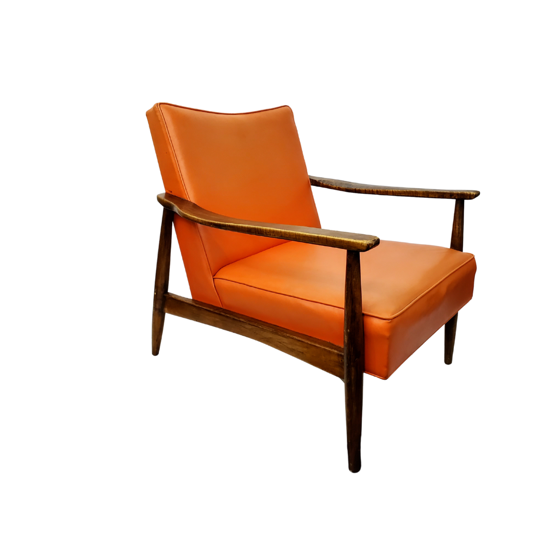 American Mid-Century Walnut Lounge Chair with Original Orange Vinyl, c. 1958–1965