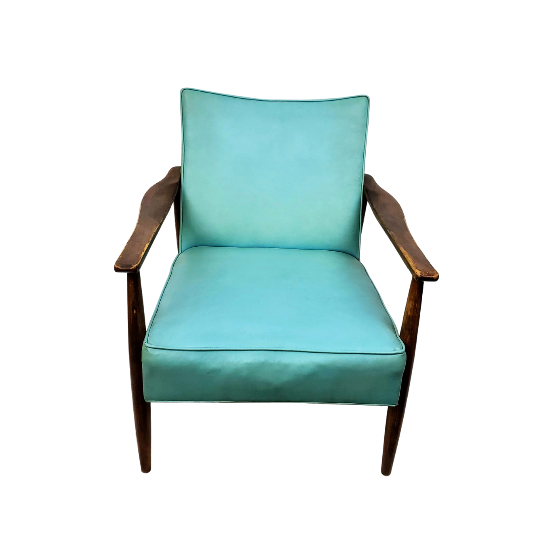 American Mid-Century Walnut Lounge Chair with Original Turquoise Vinyl, c. 1958–1965