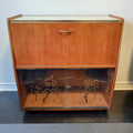 Mid-Century British Teak Cocktail Dry Bar Cabinet with Japonisme Glass Panels