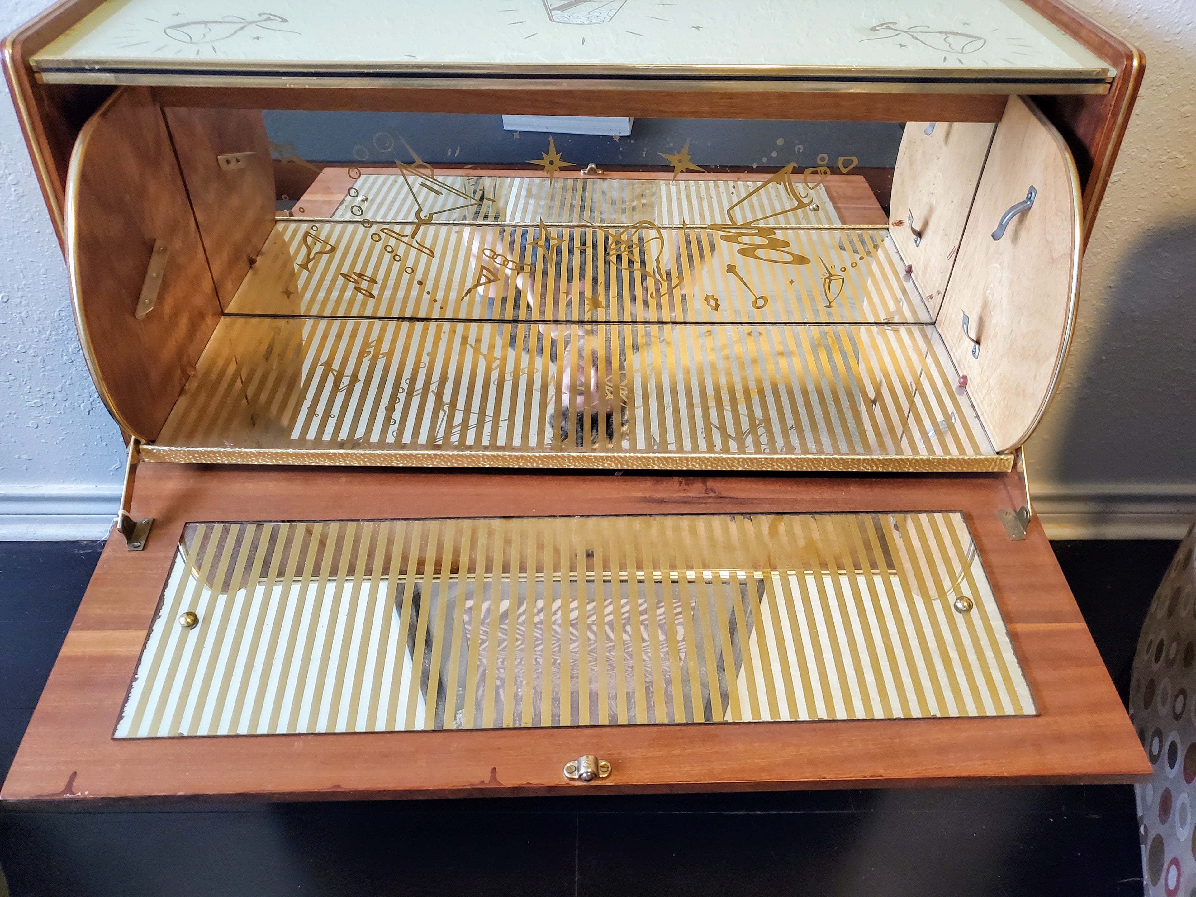 Mid-Century British Teak Cocktail Dry Bar Cabinet with Japonisme Glass Panels
