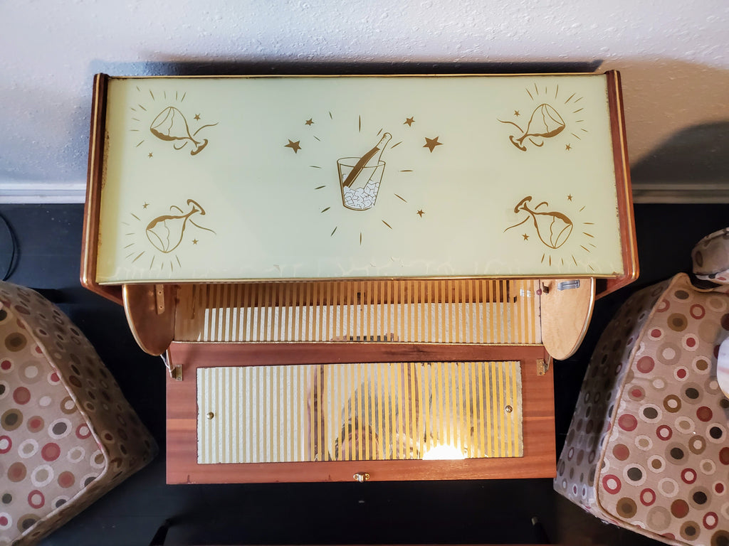 Mid-Century British Teak Cocktail Dry Bar Cabinet with Japonisme Glass Panels