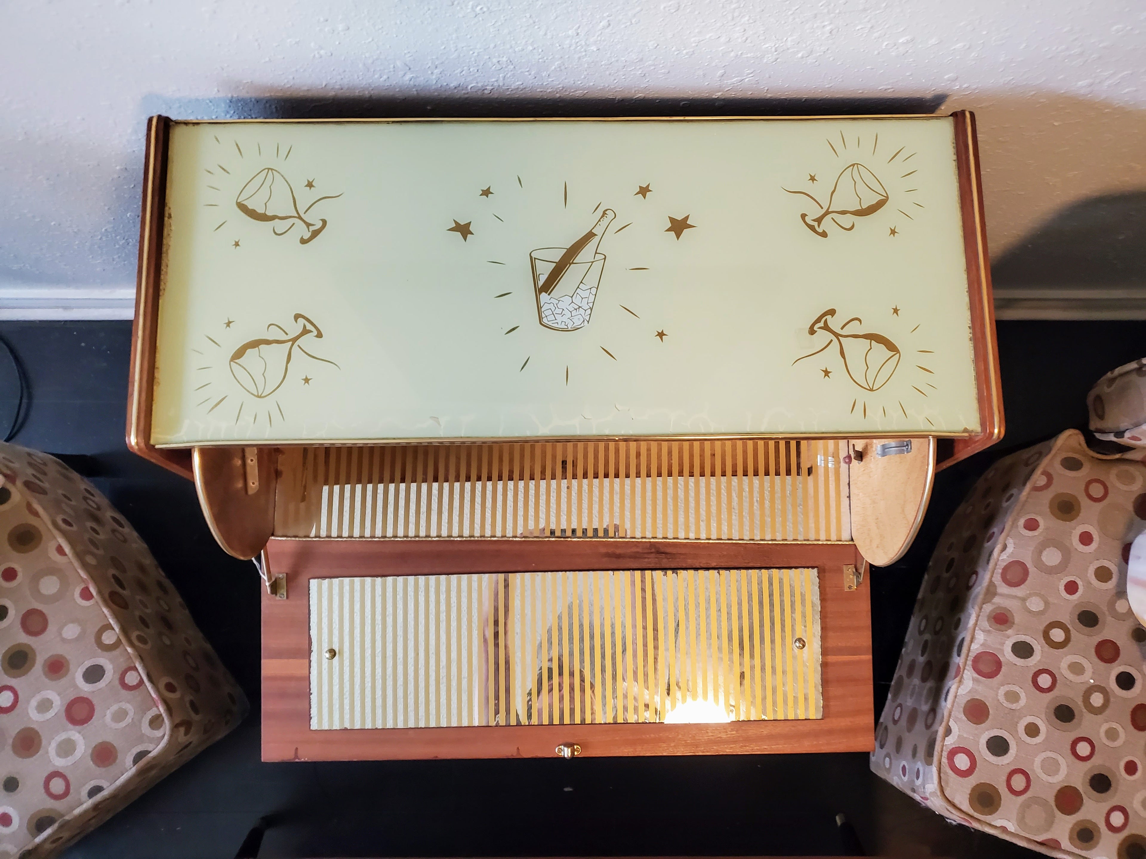 Mid-Century British Teak Cocktail Dry Bar Cabinet with Japonisme Glass Panels