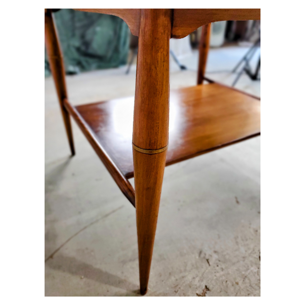 American Mid-Century Two-Tier Walnut Side Table with Brass Ring Detail, c. 1955–1965