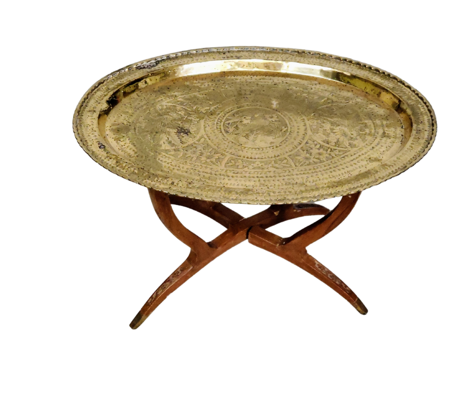 Antique Moorish Hand-Engraved Brass Tray Table on Carved Folding Stand, c. 1900–1940