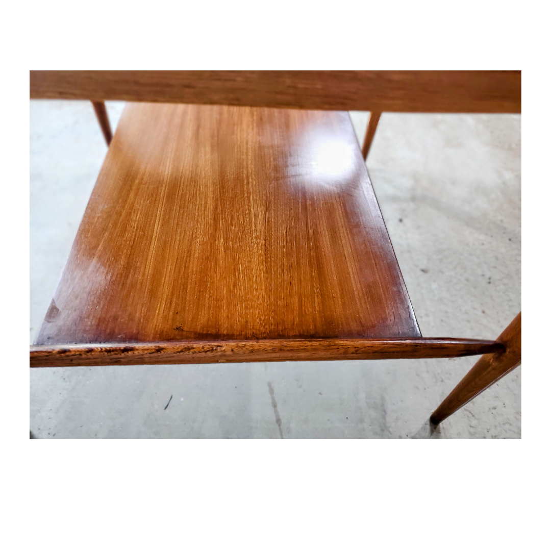 American Mid-Century Two-Tier Walnut Side Table with Brass Ring Detail, c. 1955–1965