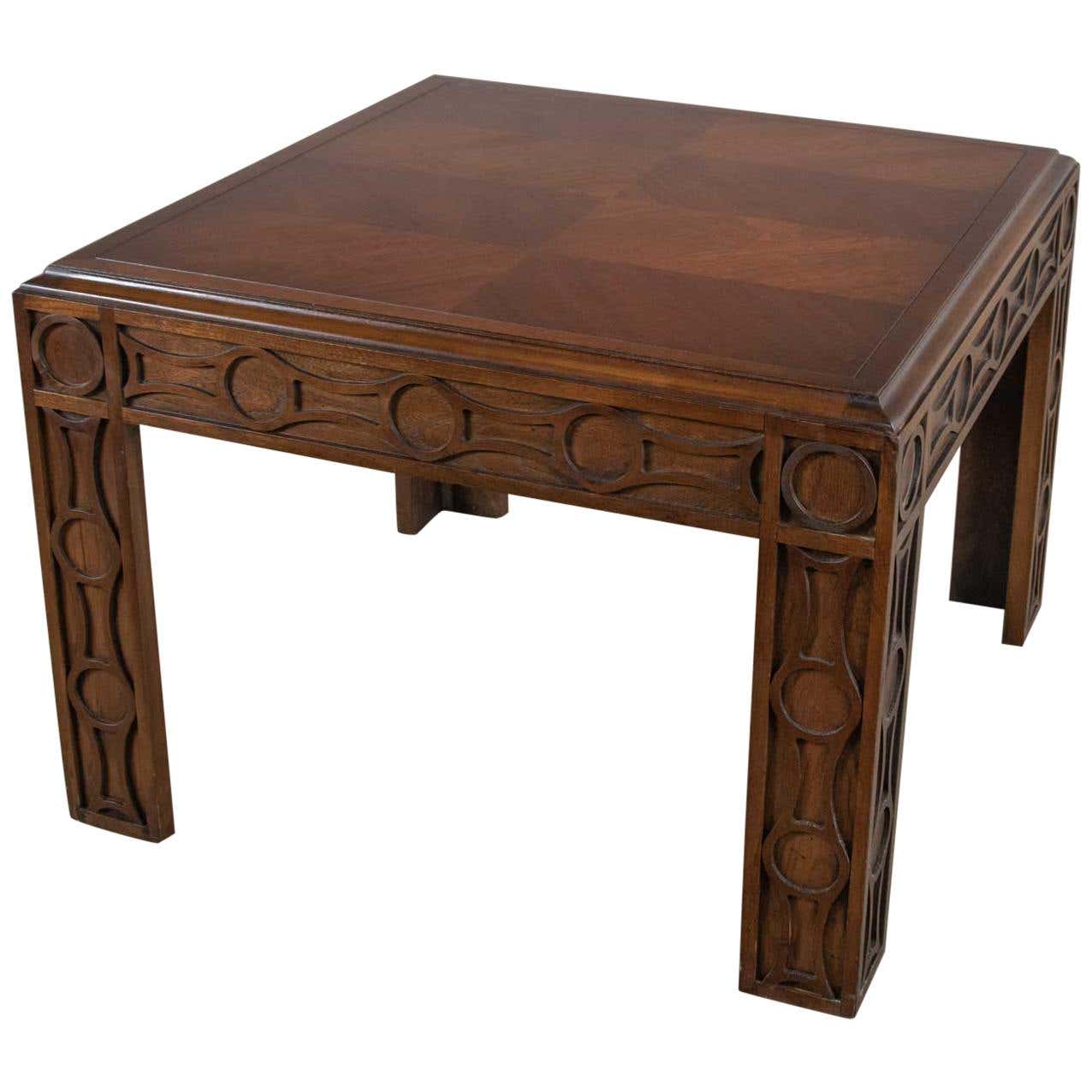 Lane Furniture Carved Walnut & Burl Side Table, Style No. 1435-05, c. 1972–1974
