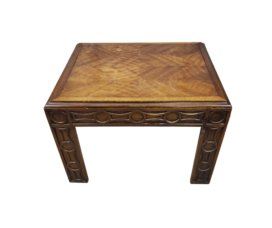 Lane Furniture Carved Walnut & Burl Side Table, Style No. 1435-05, c. 1972–1974