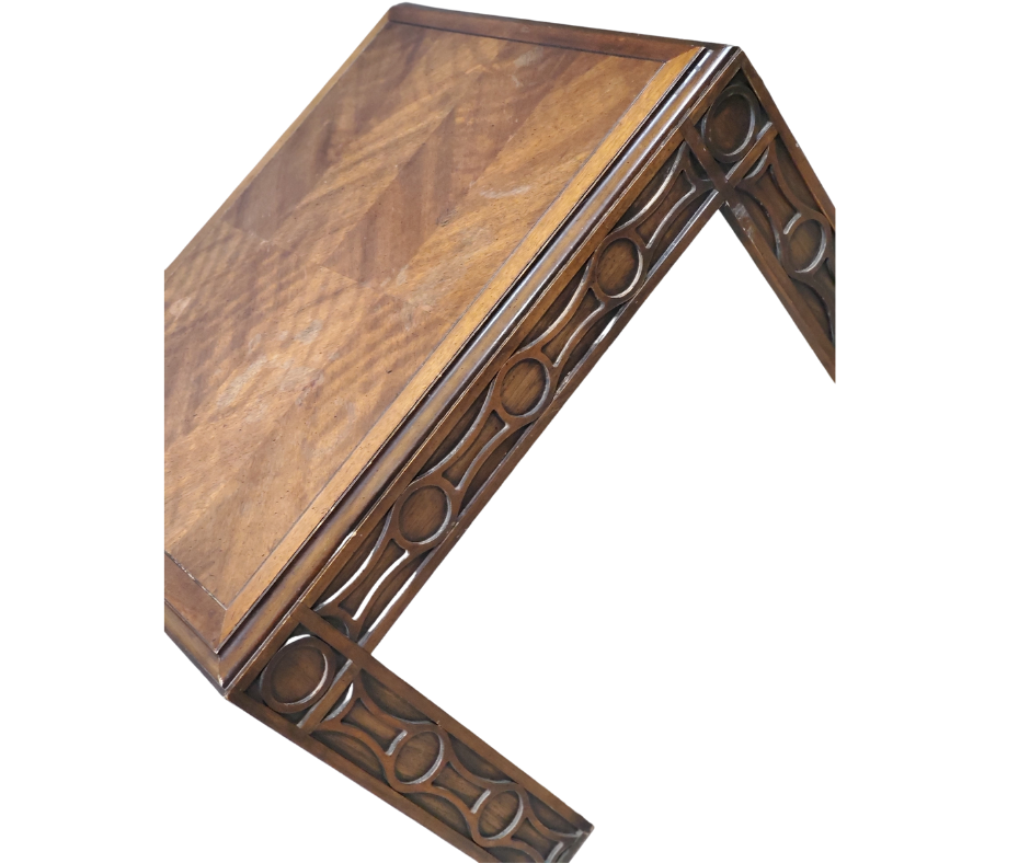 Lane Furniture Carved Walnut & Burl Side Table, Style No. 1435-05, c. 1972–1974