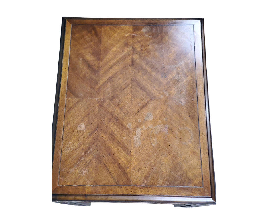 Lane Furniture Carved Walnut & Burl Side Table, Style No. 1435-05, c. 1972–1974