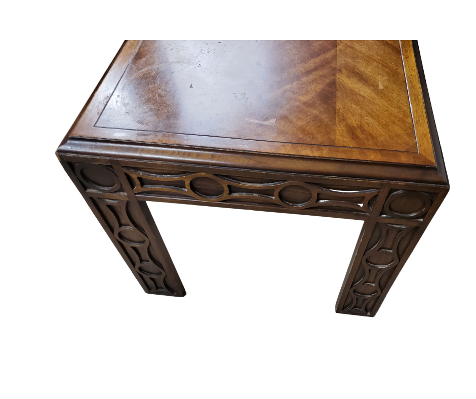 Lane Furniture Carved Walnut & Burl Side Table, Style No. 1435-05, c. 1972–1974