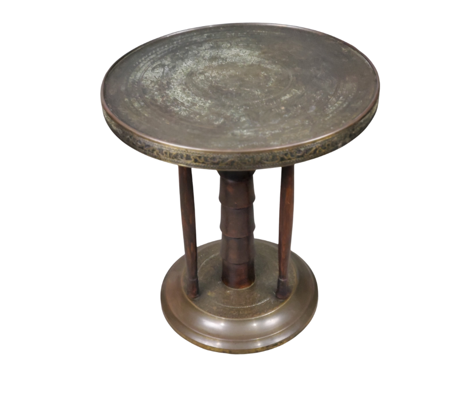 Antique Islamic Engraved Brass & Hardwood Side Table, c. 1880–1910