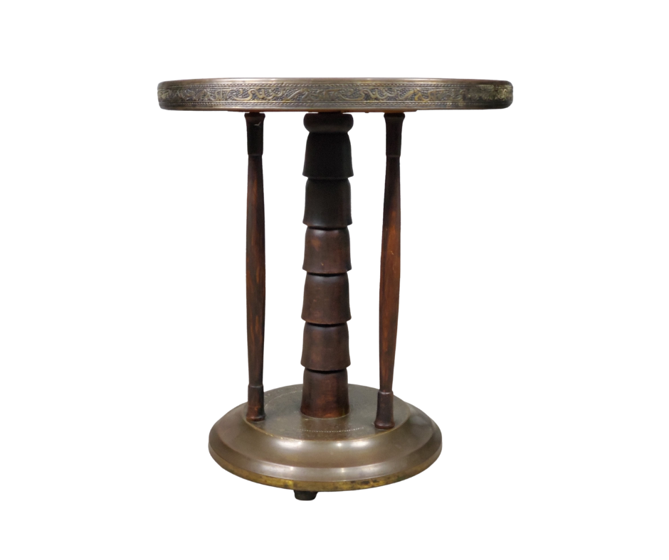 Antique Islamic Engraved Brass & Hardwood Side Table, c. 1880–1910