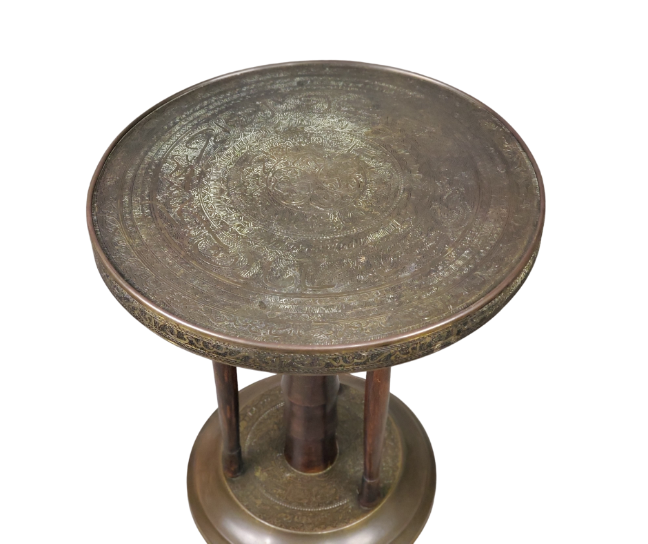 Antique Islamic Engraved Brass & Hardwood Side Table, c. 1880–1910