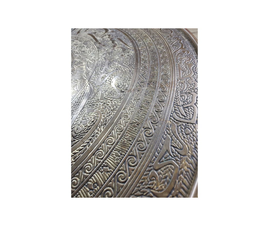 Antique Islamic Engraved Brass & Hardwood Side Table, c. 1880–1910