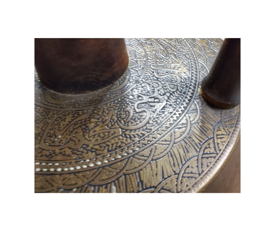 Antique Islamic Engraved Brass & Hardwood Side Table, c. 1880–1910